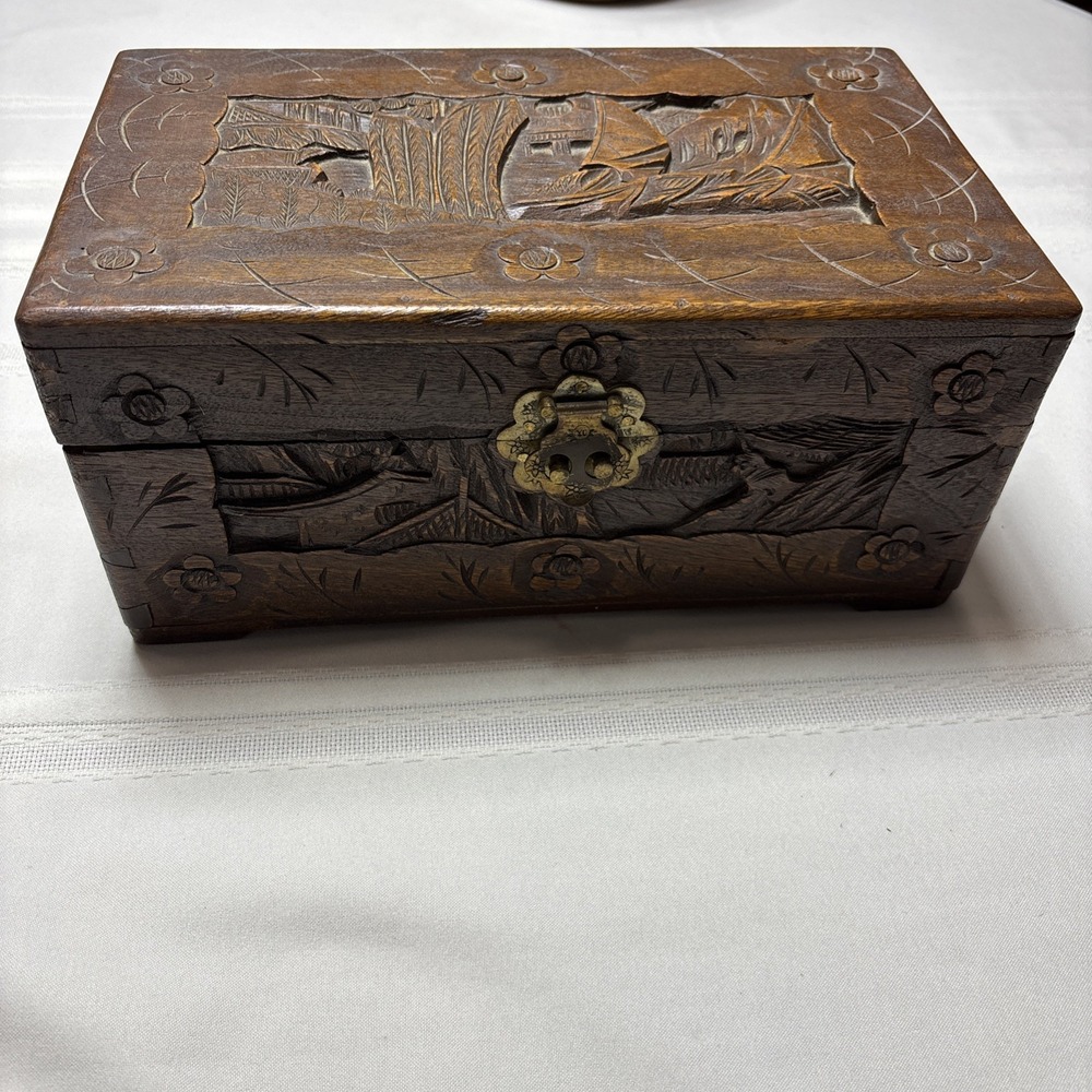 Ornate Asian Vintage / Antique Carved Wooden Chinese Chest / Box